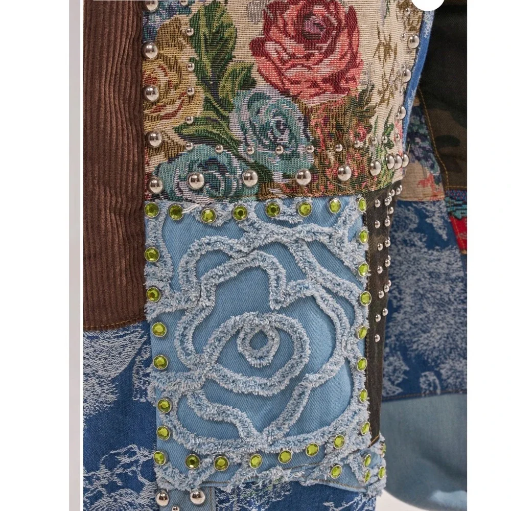 Akira Mixed Media Patchwork Studded Wide Leg Cargo Pants Multicolor NWT M - Picture 3 of 10